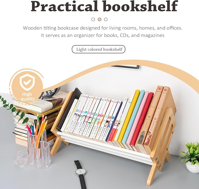 Desktop Bookshelf, Wood Tilting Bookcase with Iron Rack, Book Organizer for CDs/Magazine/Books Display, Storage Rack in Living Room/Studyroom/Home/Office (Yellow&White, 16")-NeatNest