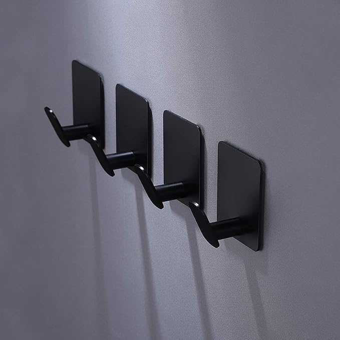 DELITON Adhesive Hooks - 4 Pack Towel/Coat Hooks Wall Hook Stick on Bathroom or Kitchen (Matte Black, Stainless Steel)-NeatNest