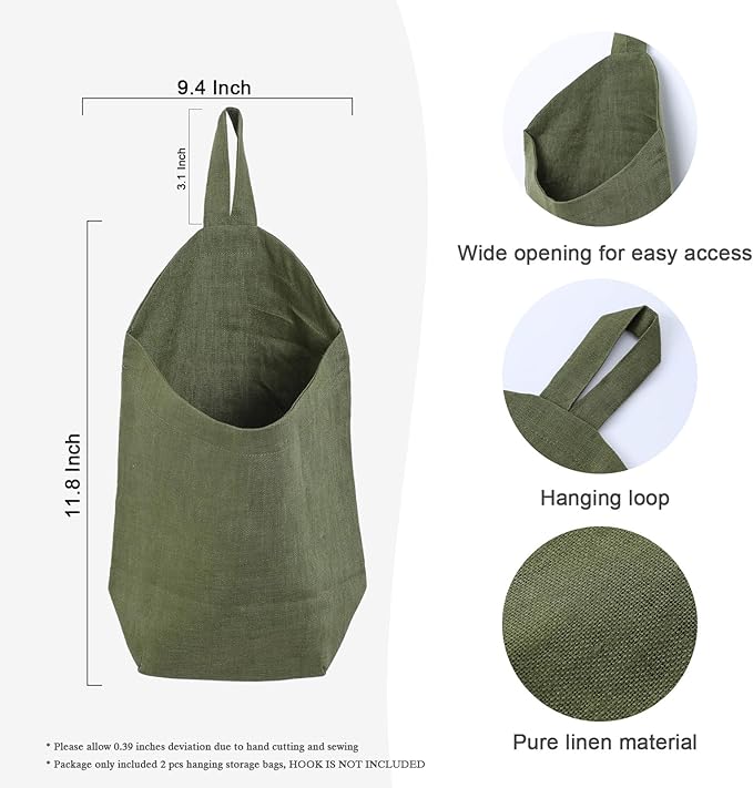 100% Linen Hanging Storage Bags Baskets 2 Pcs, Small Wall Storage Bag for Kitchen, Bedroom, RV Camper Organizer, Sewing Room, Nursery Storage, Kids Room, Army Green