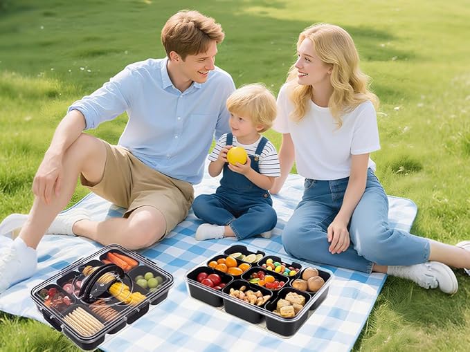 Divided Serving Tray with Lid and Handle - Snackle Box Charcuterie Container for Portable Snack Platters Organizer for Candy, Fruits, Nuts, Snacks - Perfect for Party, Entertaining, Black-NeatNest