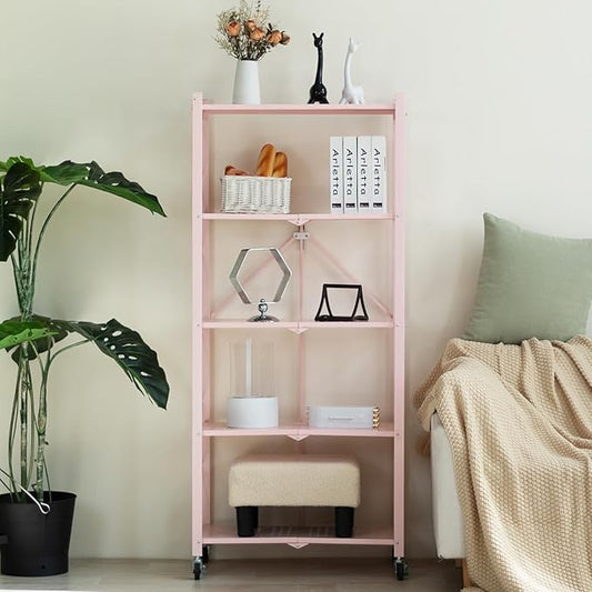 BRIAN & DANY 5-Tier Foldable Storage Shelves with Wheels, Folding Metal Rack Shelving Unit, Heavy Duty No Assembly Organizer Shelf for Garage, Kitchen, Basement, Pantry, Pink-NeatNest