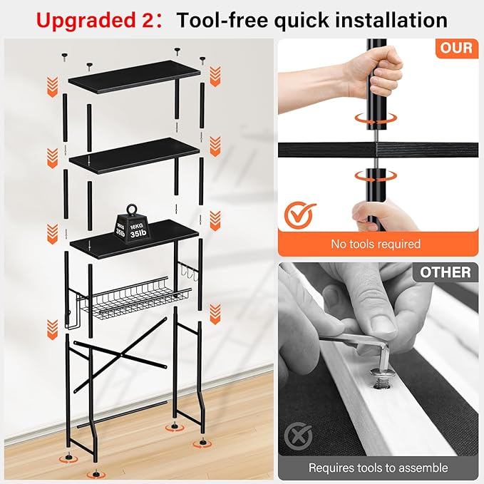 4-Tier Over-The-Toilet Storage Rack, Bathroom Organizer Shelf Over Toilet with Shelf Waterproof Feet Pad and Basket, Multifunctional Space Saver Bathroom Shelves Above Toilet for Room (Black)