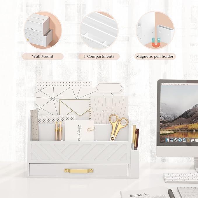 Bamboo Desk Organizer Mail Holder Countertop Wood Desk Drawer Tabletop Storage Box Pen Holder Letter Sorter Makeup Organizer for School Home Office Supplies with Pen Holder White-NeatNest