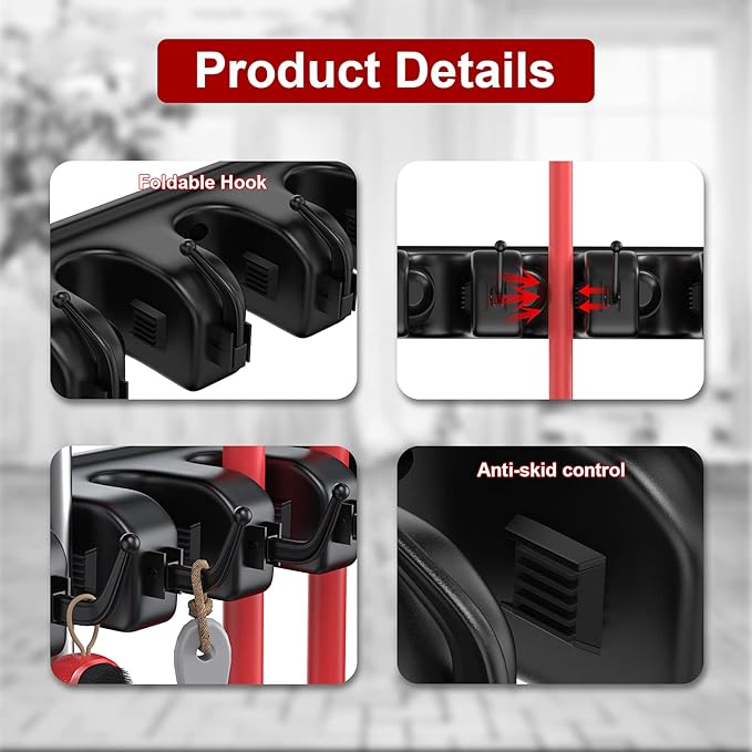 LETMY Broom Holder Wall Mount - Mop and Broom Hanger Holder - Garage Storage Rack & Garden Tool Organizer - 5 Position 6 Hooks Broom Rack for Home, kitchen, Garden, Tools, Garage Organization - Black-NeatNest
