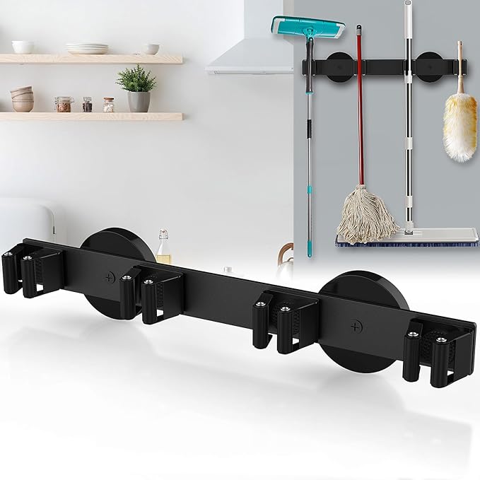 Magnetic Mop Broom Holder, Strong Non Slip Magnetic Broom Mop Hanger, Heavy Duty Magnetic Hooks For Hanging Shovel Rake Tools, Wall Mounted Utility Storage Magnet Rack (4 Rack)