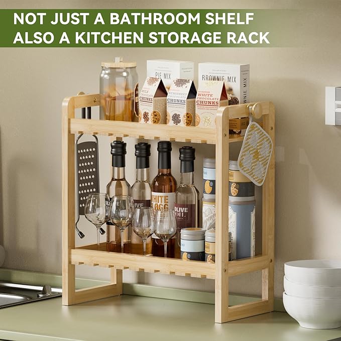 AmazerBath Bamboo Over The Toilet Storage Shelf - 2-Tier Bathroom Organizers and Storage Shelves, 2 in 1 Dual Stable Above Over Toilet Bamboo Shelf Home Storages Rack for Small Bathroom, Space Saver-NeatNest