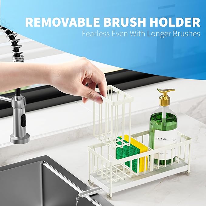 Cisily Cream Sponge Holder for Kitchen Sink, Sink Caddy Organizer with High Brush Holder, Kitchen Countertop Organizers and Storage Essentials, Rustproof 304 Stainless Steel, Soap Dispenser Organize-NeatNest