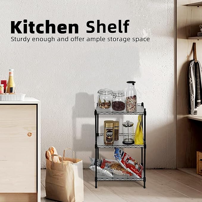 Best 3-Tier Wire Shelving - Black -Mini Shelf - Kitchen Storage Shelves, Lightweight countertop Storage Rack Corner Shelf Shelving Adjustable Storage Shelf, 11.8" D x 15.7" W x 31.5" H-NeatNest
