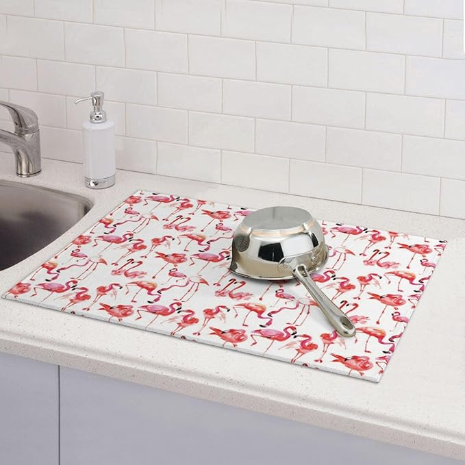 Cute Pink Flamingo Dish Drying Mat For Kitchen Counter, Super Absorbent Microfiber Dish Drying Pad, Kitchen Gadgets For Easy Clean Multi-Use Large 18"x24"-NeatNest