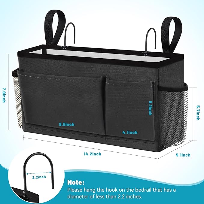 BlissTotes Bedside Caddy, Bedside Storage Organizer for Bunk Bed Accessories, Dorm Storage for Bedside Shelf and Bunk Bed Shelf, Bed Caddy for Home, Dorm, Bunk (Dark Gray, 1 Pack)-NeatNest