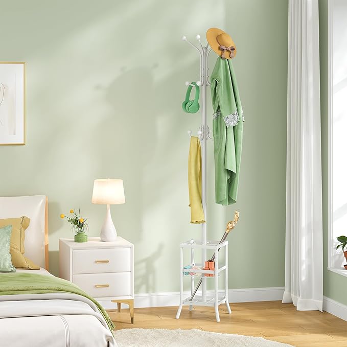 FAVOOSTY Coat Rack Freestanding,Coat Rack Stand with Umbrella Holder,Metal Coat Tree with 12 Hooks,Tree Clothes Hat for Entryway, Hallway, Bedroom, Living Room & Office -White-NeatNest