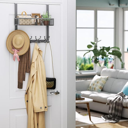 Consumest Over The Door Hooks Organizer - Over Door Hanger with 16 Hooks & 2 Baskets for Hanging Coat, Clothing, Towel, Hanging Organizer for Bathroom, Closet, College Dorm, Grey-NeatNest
