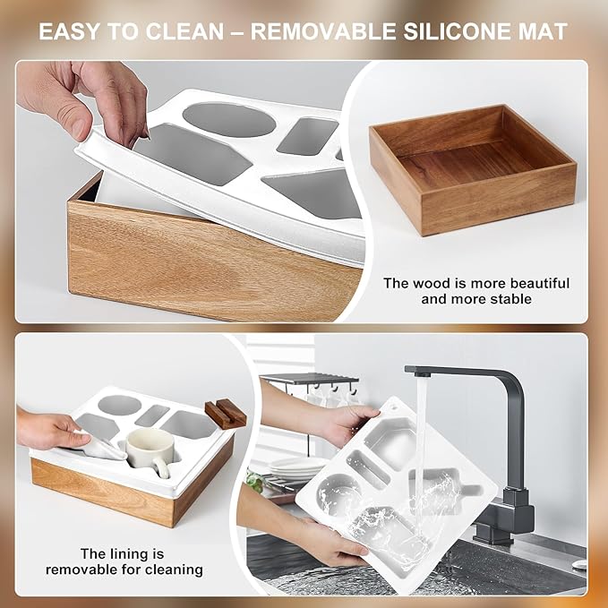 Couch Cup Holder Tray – Spill-Proof Wooden Sofa Arm Organizer with Silicone Insert for Snacks, Drinks, Remote, and Phone, Waterproof Couch Caddy for Bed, Car, RV, Living Room (White)-NeatNest