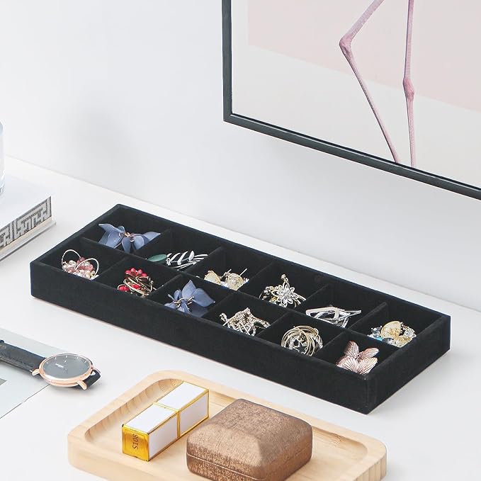 Divided Drawer Organizer, Velvet Jewelry Storage Tray for Necklace, Bracelet, Ring, Earring Display - Bedside Nightstand Desk Holder for Phone, Watch, Sunglasses, Cosmetics Storage/Black/12grid-NeatNest