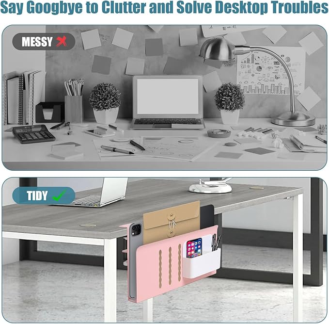 Desk Side Storage Under Desk Laptop Holder, No Drill Hanging Desk Organizer with Pen Holder, Clamp-On Table Side Tray Desktop Organization Mount for Office and Home (Pink)-NeatNest
