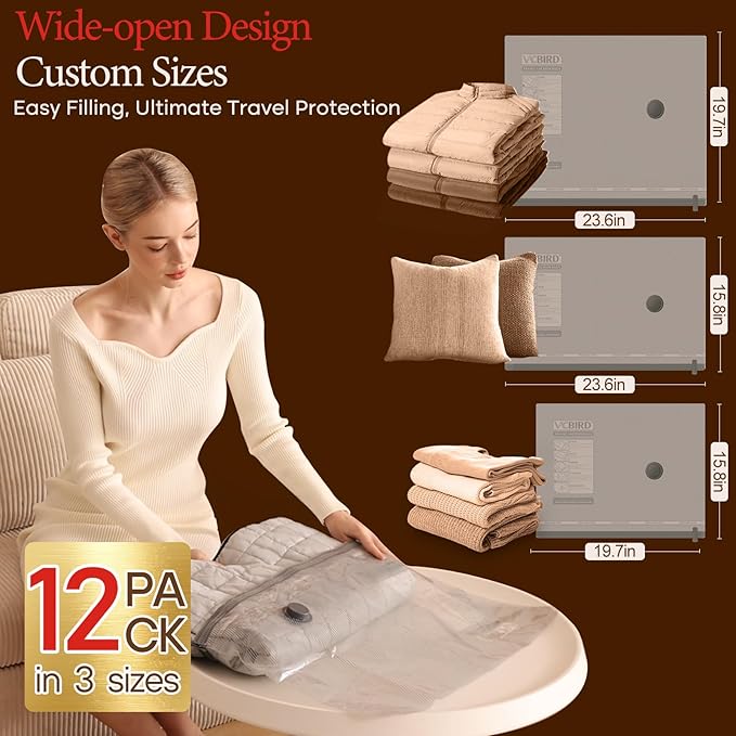 12 Pack Vacuum Bags for Travel with Rechargeable air Pump, Carry-on Size Vacuum Seal Bags for Luggage and Suitcase Compression, Space Saver for Clothes and Clothing Travel-NeatNest