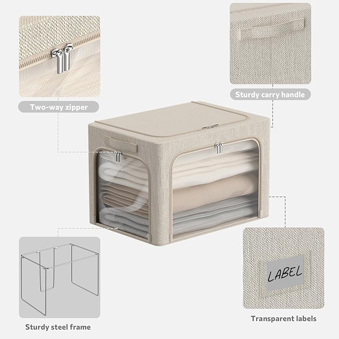 3 Openings Clothes Storage Bins Box - 3Pack Stackable Foldable Storage Bin - Metal Frame Storage Box Clothing Storage Organizer with Clear Window, Carry Handles (66L-19.7x15.7x13in, Beige)-NeatNest