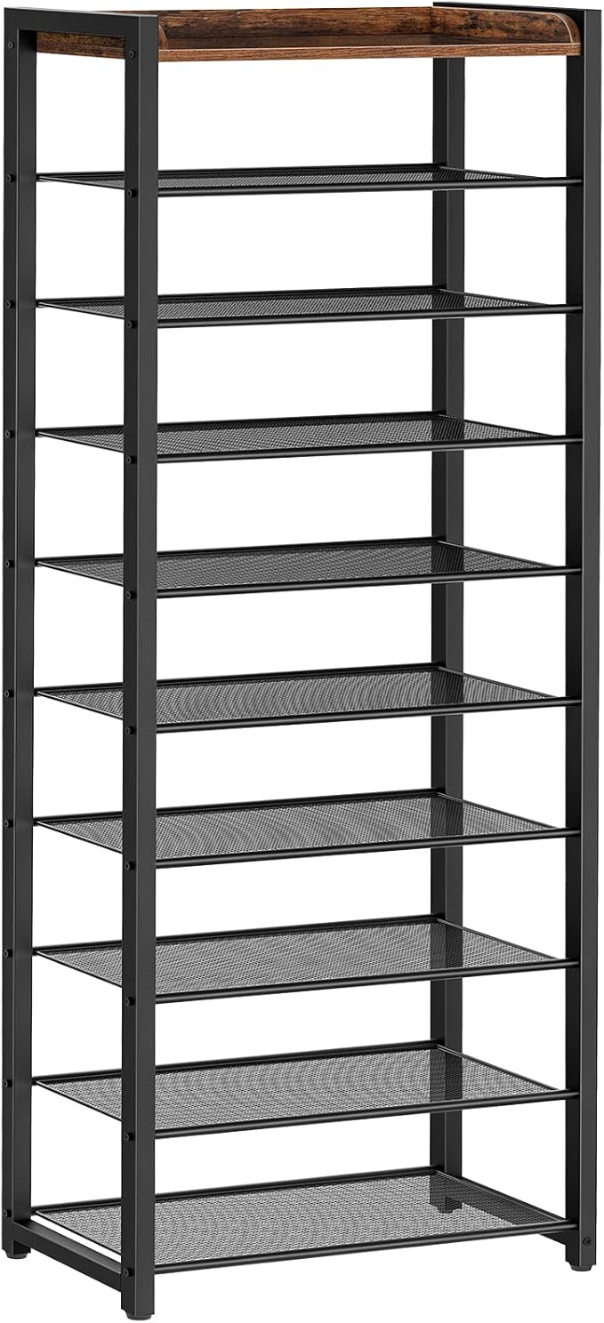 HOOBRO 10-Tier Shoe Rack, 20.5" L Shoe Storage Organizer, Narrow Shoe Shelf, Saving Space, Stable and Sturdy, Hold 18-20 Pairs of Shoes, for Entryway, Hallway, Living Room, Rustic Brown BF40XJ01-NeatNest