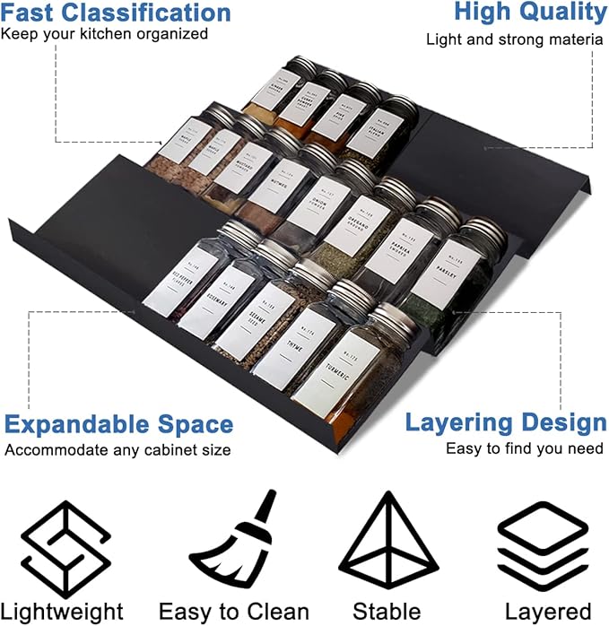 Expandable Spice Drawer Rack Organizer Insert for Kitchen Cabinet - Multi Tier Adjustable Spice Storage Shelf for Seasoning and Jar, Pack of 6-NeatNest