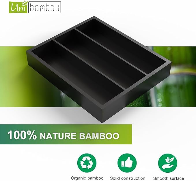 Bamboo Utensil Drawer Organizer, Silverware Tray Organizer, Kitchen Drawer Organizer for Flatware Cutlery (Black, 3 Slots)-NeatNest