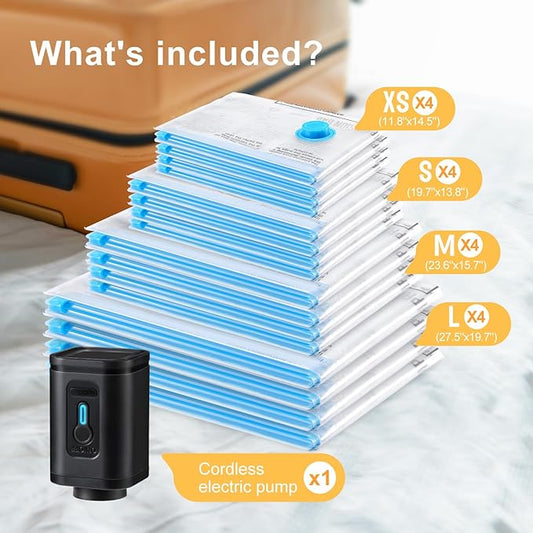 Combo 16 Pack Travel Vacuum Bags with Portable Electric Pump, Space Saver Vacuum Storage Bags for Clothing and Luggage, Travel Essentials-NeatNest