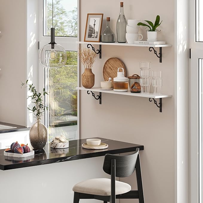 DINZI LVJ Long Wall Shelves, 31.5 Inch Large Floating Shelves Set of 2, Wide Display Shelf Wall Mounted with Brackets, Easy Hanging for Living Room, Toilet, Office, Bedroom, White-NeatNest