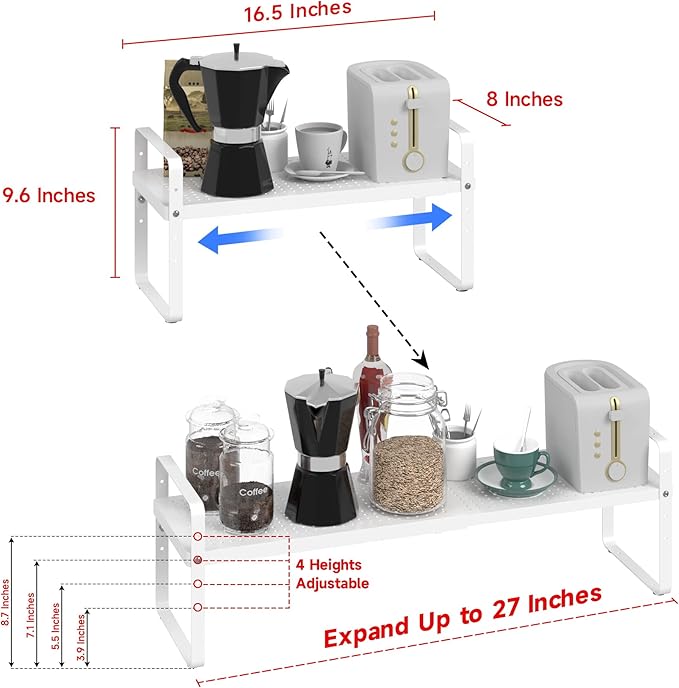 Expandable Cabinet Shelf Organizer Adjustable Metal Spice Rack Stackable Freestanding Counter Storage Shelves for Kitchen Cabinet Under Sink Office Desk (White - 1Pack - L16.5-27'' * W8'' * H9.6'')-NeatNest