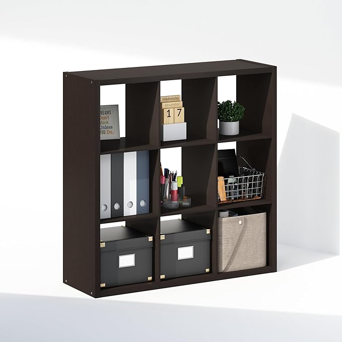 Furinno Cubic Open Back Multipurpose Clothing & Closet Storage Organizer Shelf, 9-Cube, Black Dark Oak
