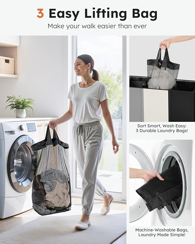 SOLEDI Laundry Hamper 3 Section with Lid and 3 Pcs Laundry Bag, Large Hamper 3 Compartment 180L, Basket Sorter for Bedroom Blanket Storage-NeatNest