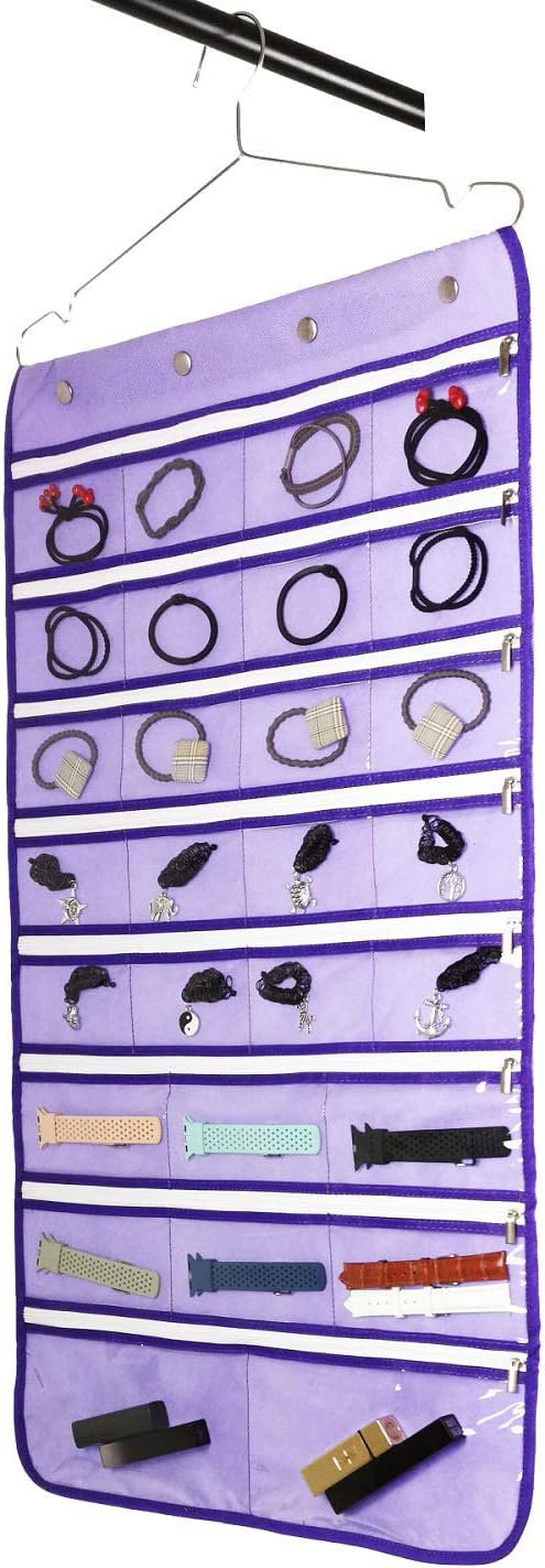 Dual Sided Hanging Jewelry Organizer with Hanger for Closet Necklace Earrings Bracelet Ring Travel Holder (56 Zippered Clear Pockets Purple)-NeatNest