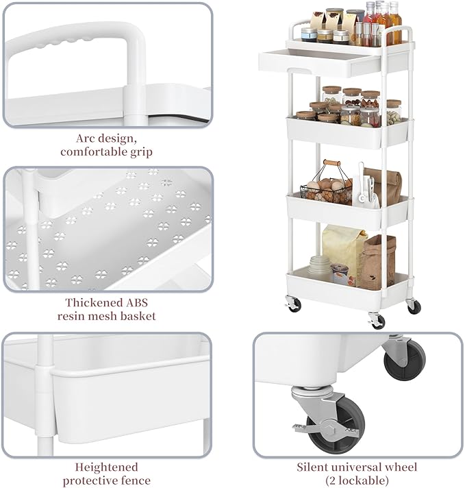 Dttwacoyh 4-Tier Rolling Cart,Trolley with Drawer, Kitchen Storage Organizer with Plastic Shelf & Metal Wheels, Storage Cart for Living Room, Kitchen, Office, Bathroom, White