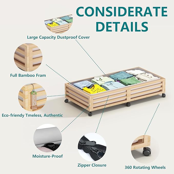 Bamboo Under Bed Storage Containers- Underbed Organizer with Wheels with Large Capacity Dust Bag,Sturdy Wood Rolling Under Bed Shoe Storage Organizer 2 Packs (Nature, 2 Packs (33.07"×16.54"))-NeatNest