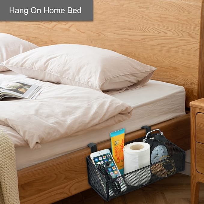 Bedside Caddy Hanging Storage Basket Beside Shelf Metal Organizer for Collage Dorm Bunk Bed,Hospital Bed,Baby Bed - Bedroom Essentials for Magazine,Remote Control,Phone,Drinks (White)-NeatNest