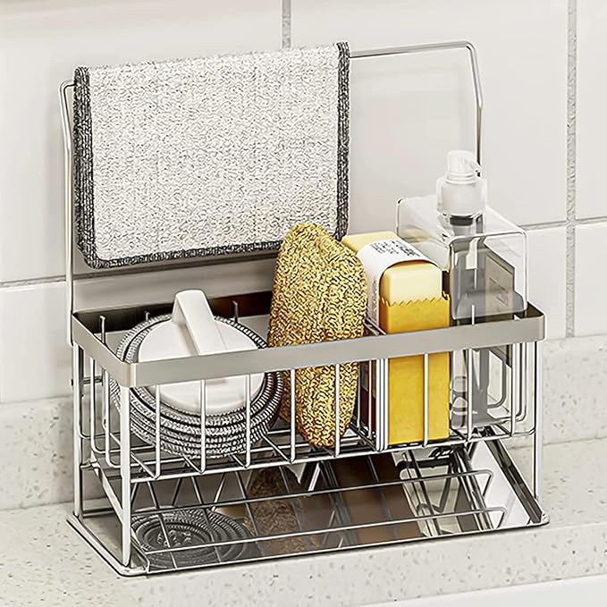 Kitchen Sink Caddy - Sponge Brush Holder with Removable Slope Drip Tray SUS304 Stainless Steel Rustproof Sink Rack-NeatNest