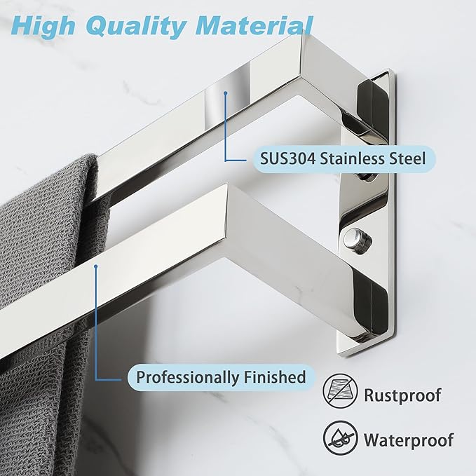 Alise Double Towel Bar 24", SUS304 Stainless Steel Towel Racks for Bathroom Wall Mounted, Heavy Duty Bathroom Towel Holder, Space Saving Towel Hanger, Polished Chrome
