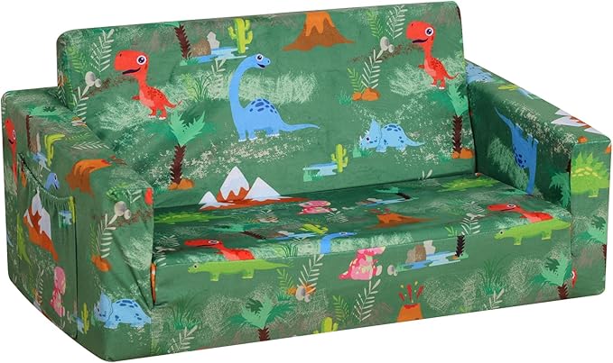 Foam Kid Sofa Couch, 2 in 1 Convertible Sofa to Bed for Baby,Velvet Toddler Sofa Chair with Side Pocket for Kid Playing (W29.92) (Green)-NeatNest