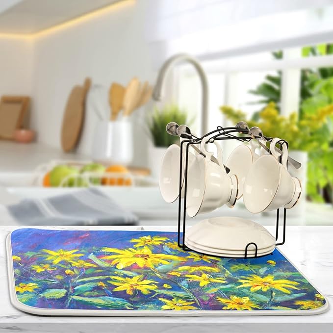 Absorbent Dish Drying Mat for Kitchen Counter - Oil Painting Flowers Microfiber Drying Pad, Reversible Drainer Mats for Countertop, Large 18" x 24"