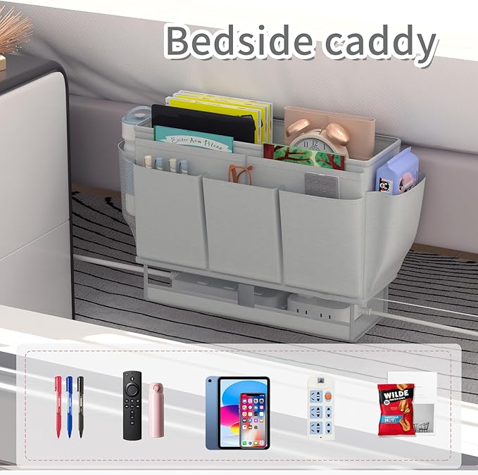 Bedside Caddy, Bed Organizer with 11 Pockets and Power Strip Holder, Versatile Bedside Storage Caddy for Home,Dorm,Bunk,Hospital,Crib Bed (2 Pack Grey)-NeatNest