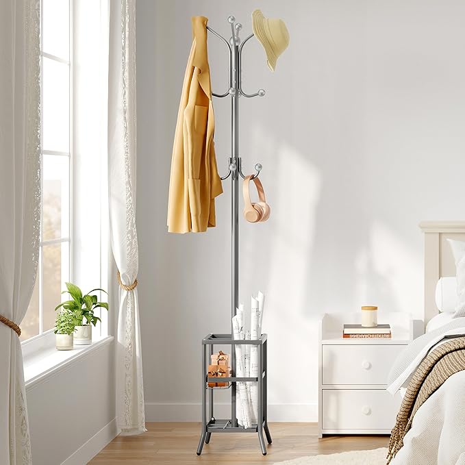 FAVOOSTY Coat Rack Freestanding,Coat Rack Stand with Umbrella Holder,Metal Coat Tree with 12 Hooks,Tree Clothes Hat for Entryway, Hallway, Bedroom, Living Room & Office - Silver Grey-NeatNest