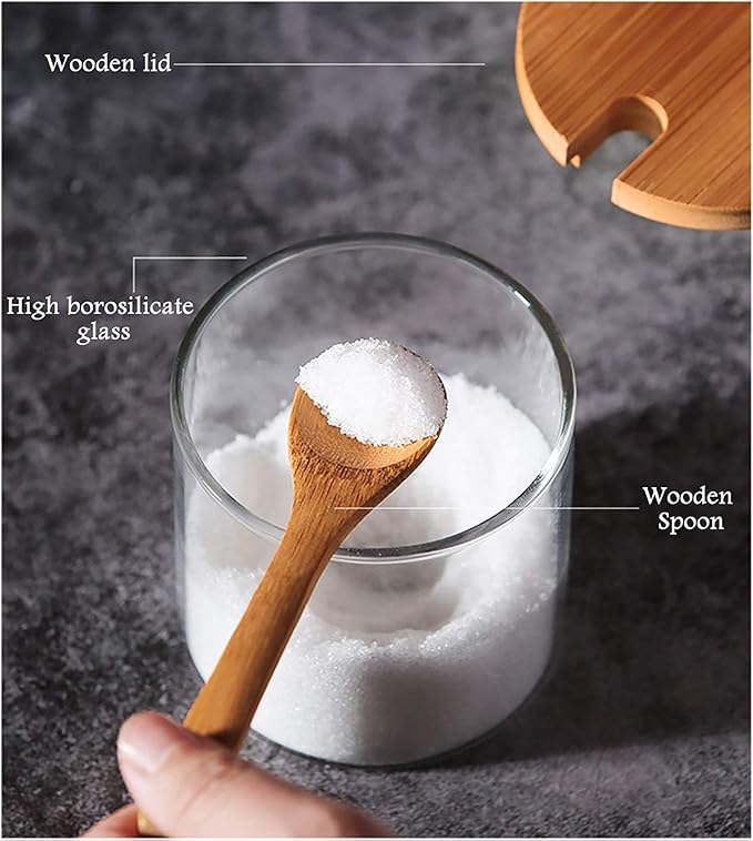 FANTESTICRYAN 2 PCS Clear Glass Condiment Canister Pots Set, Simple Stylish Decorative Storage Seasoning Container with Bamboo Lid & Spoon for Home Kitchen Café Storing Salt Sugar Spice (Round)