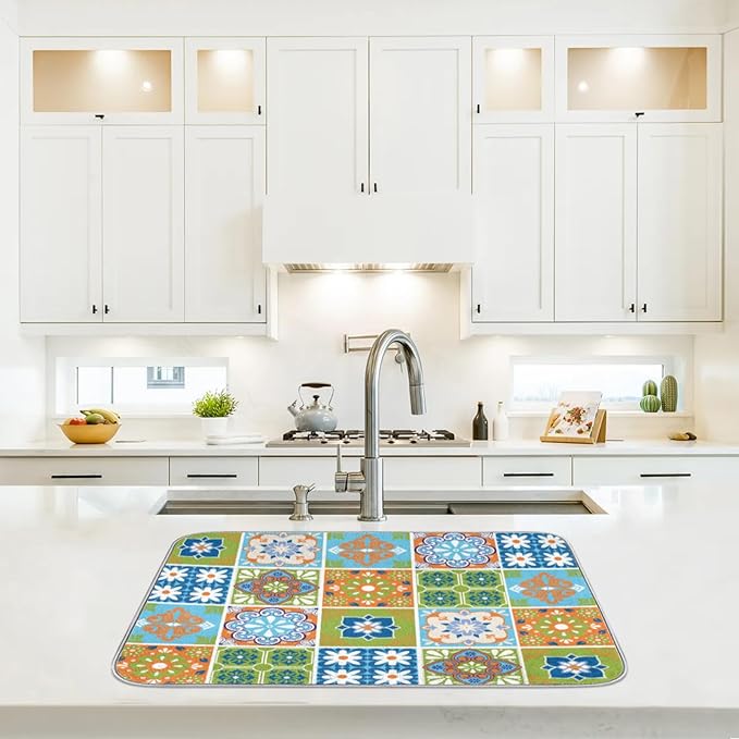 Dish Drying Mat for Kitchen Counter - Absorbent Microfiber Drying Rack Pads Reversible Dish Pad Draining Mats for Countertop Coffee Mats,18x24 inch(Mexican Talavera)
