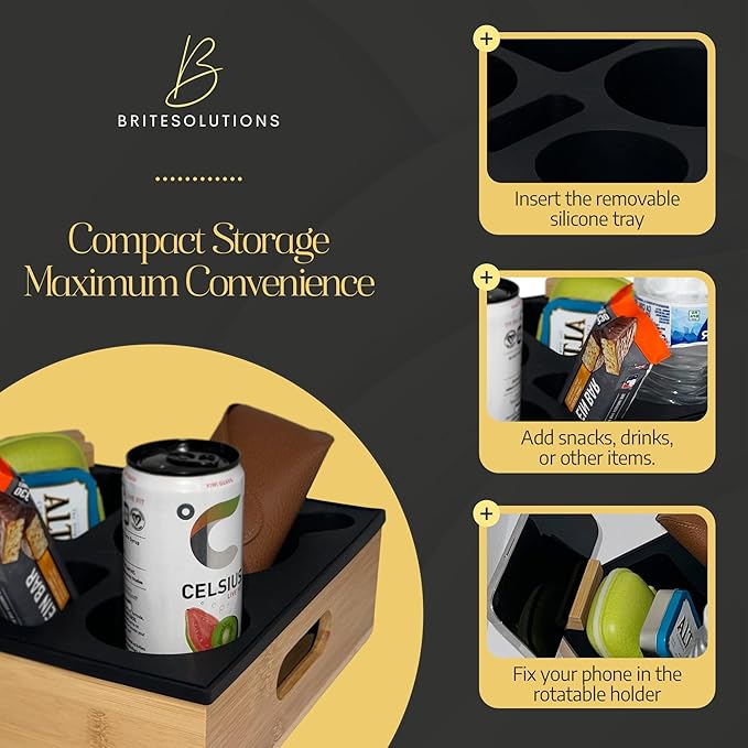 Bamboo Couch Cup Holder ā 100% Wood Frame & Removable BPA-Free Silicone ā Waterproof Anti-Spill Couch Tray & Couch Caddy for Bed, Sofa & Car Seat ā Holds Snacks, Beverages & Remote-NeatNest
