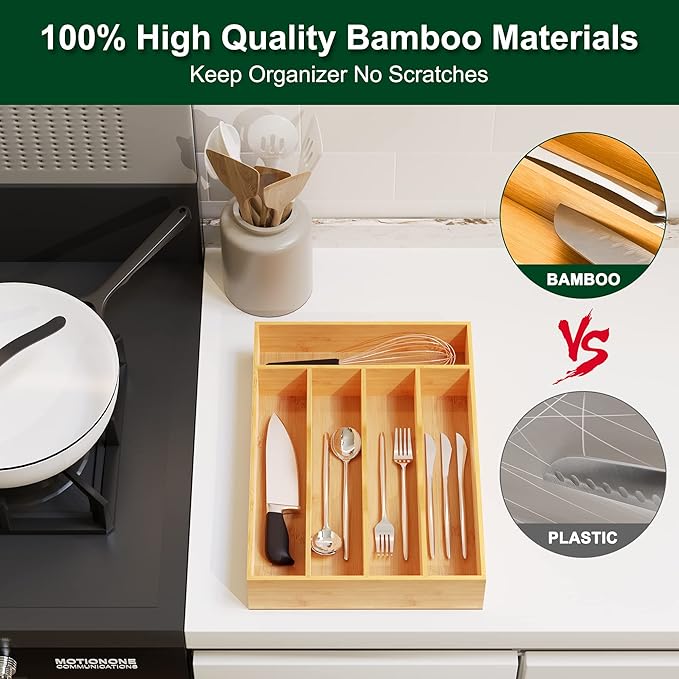 Bellsal Utensil Organizer 10 Inch Silverware Tray for Drawer Utensil Holder Cutlery Organizer Kitchen Drawer Organizer 5 Compartment Small Narrow Bamboo-NeatNest