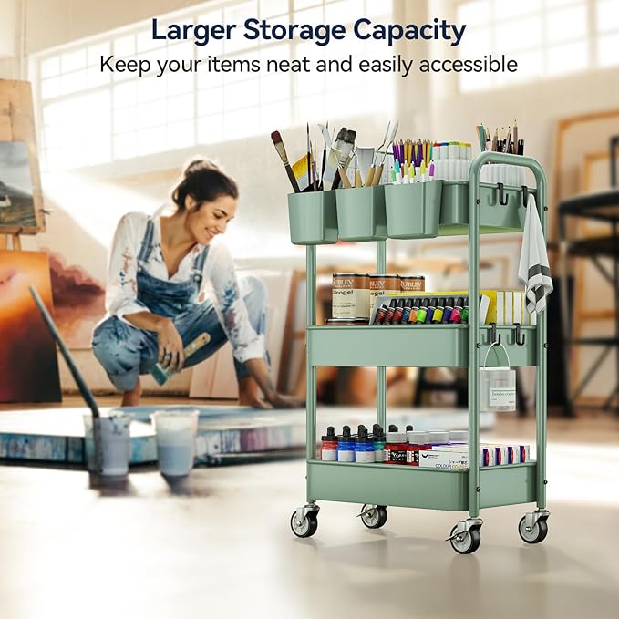 YASONIC 3-Tier Rolling Cart, Green, 66 Pounds Capacity, Mesh Storage Organizer with Lockable Wheels, 3 Hanging Cups, 4 Hooks, Easy Assembly, for Kitchen, Bathroom, Laundry, Grocery