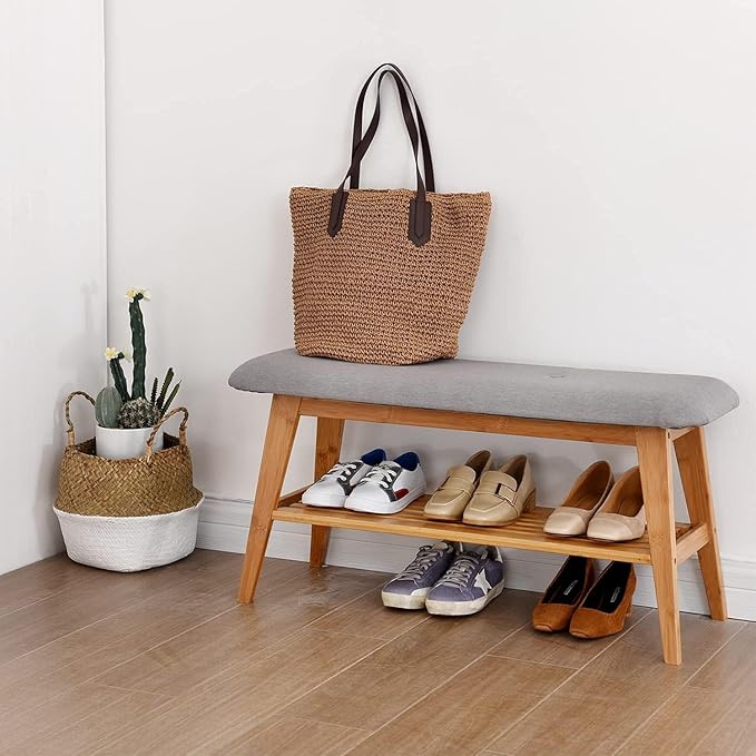 Bamboo Shoe Bench, Entryway Bench, 2 Tier Shoe Rack Bench (Nature,35.4'')-NeatNest