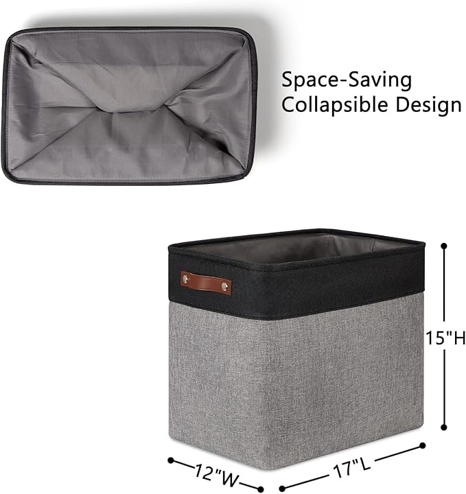 DULLEMELO Large Collapsible Storage Basket/Bin with Sturdy Leather Handles, Fabric Organizer Bin for Storage Clothes, Toys, Books, Office, Bedroom, Closet, Nursery & Laundry (Black&Gray)-NeatNest