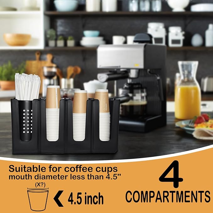 Cup Holder Lid Dispenser with Straw Organizer,4 Compartment 7 Adjusting,Cup Storage Organizer for Breakroom Countertop Coffee Station Bar Restaurant-NeatNest