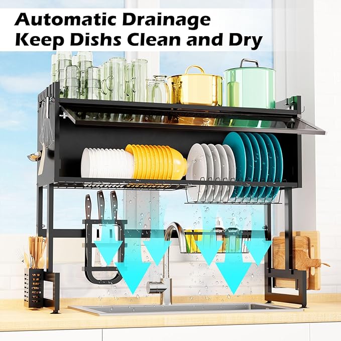 Over The Sink Dish Drying Rack, 3 Tier Over The Sink Dish Drainer Drying Rack with Cover for for Dishes, Glasses, Bowls and Cutlery, Dish Drainers Organizer for Kitchen Counter Storage