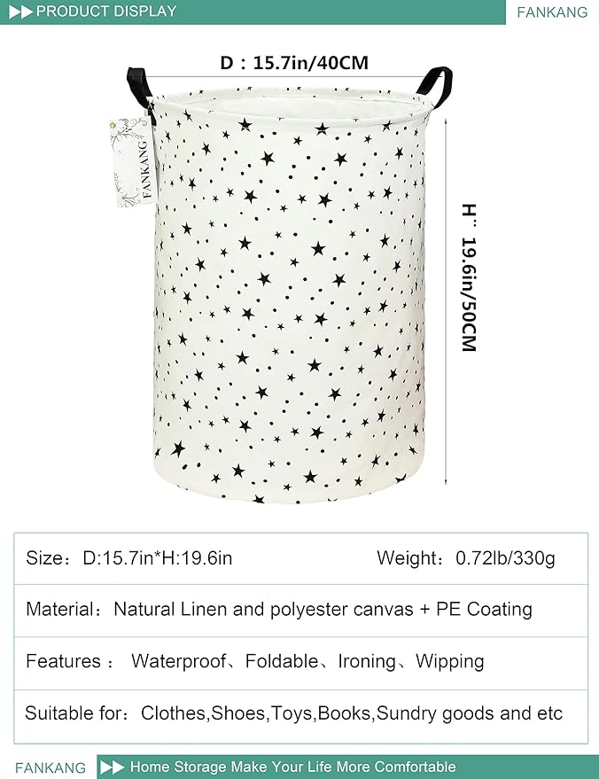 FANKANG Storage Basket, Nursery Hamper Canvas Laundry Basket Foldable with Waterproof PE Coating Large Storage Baskets for Kids Boys and Girls, Office, Bedroom, Clothes,Toys(Star)