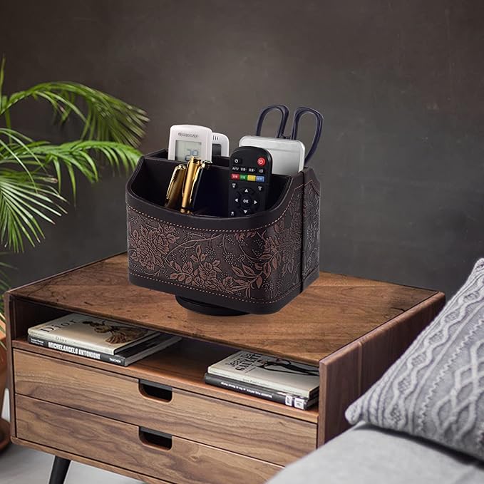 Antique Leather Remote Control Holder 360 Degree Spinning,Desk Rotating Organizer/Caddy for TV Remote Controllers,Pen,Calculator Media Player,DVD,Office Supplies,Mobile Phone Storage Box (Retro)-NeatNest